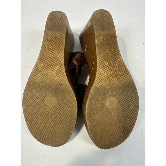 J. Crew Sandals Women 8 Brown Leather & Wood Strappy Wedge Made In Italy Ladies - Picture 10 of 12